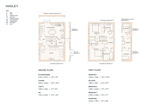 A floor plan for a property named HADLEY is displayed, showing the layout of the ground and first floors.