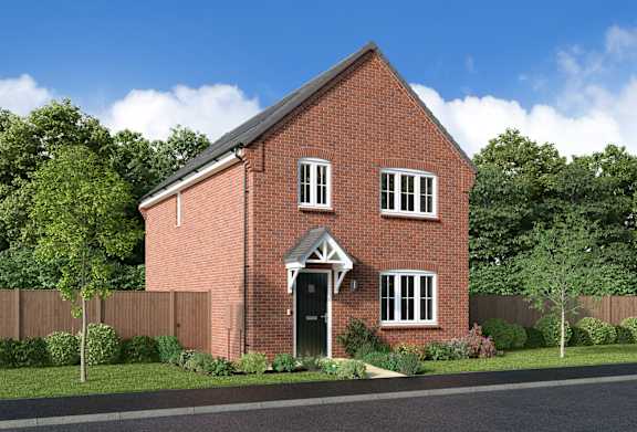 A red brick house with a black door and windows.