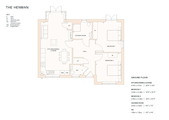 A floor plan of a house named The Henman with a kitchen, lounge, and three bedrooms.