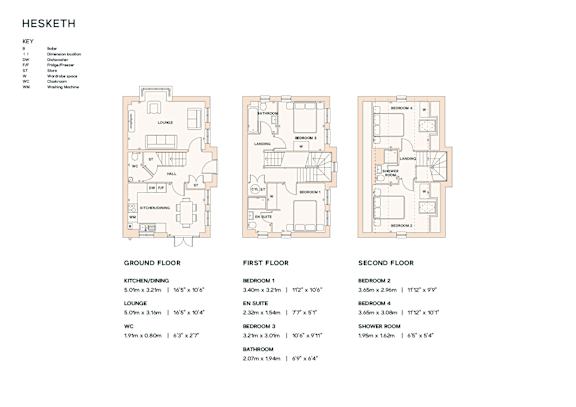 A floor plan for a property named Hesketh is displayed, showing the layout of the ground, first, and second floors with labeled rooms and dimensions.