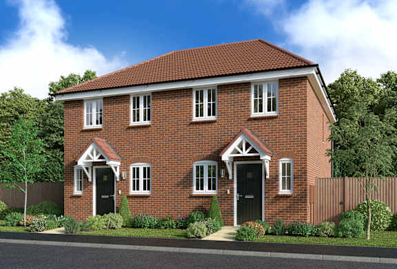 A red brick house with white windows and doors.