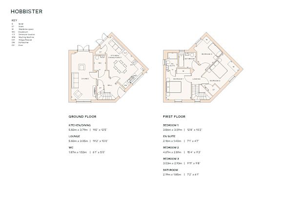 A floor plan of a house with a kitchen, lounge, and bathrooms.