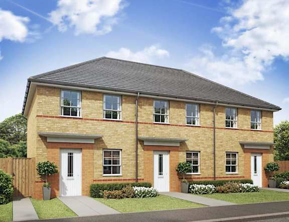 A modern brick house with a white door and windows.