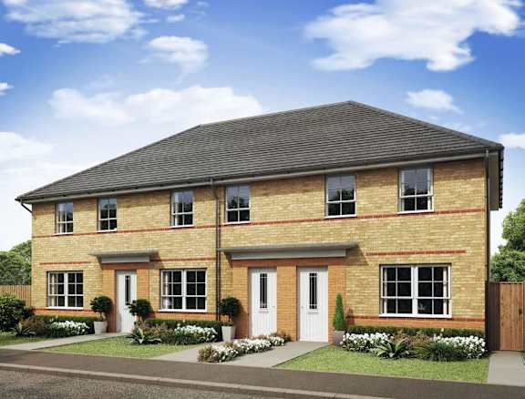 A modern brick house with a white door and windows.