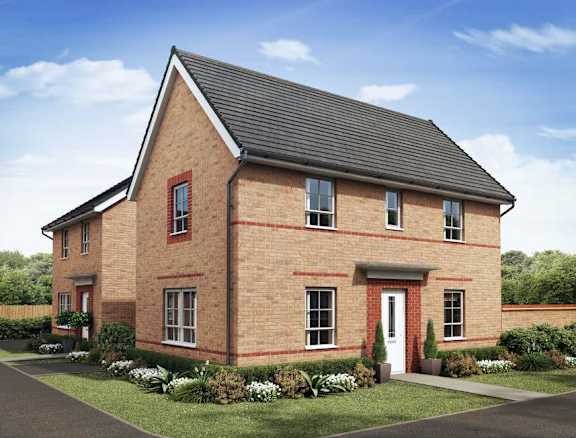 A red brick house with a black roof and white door.