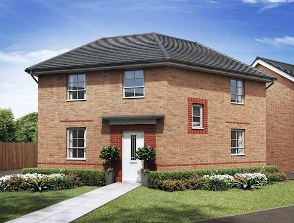 A red brick house with a white door and windows.