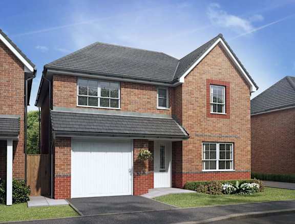 A red brick house with a white garage door.