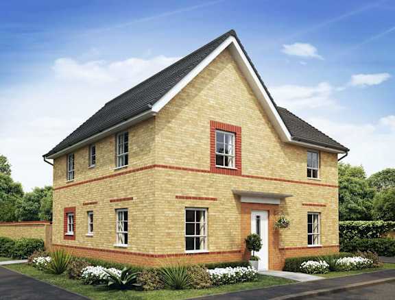 A two-story brick house with a black roof and red window frames.