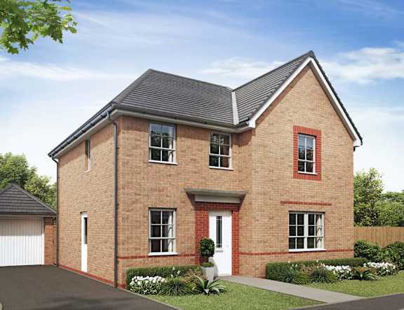 A red brick house with a white door and windows.