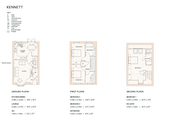 A floor plan for a Kennett apartment layout with three different rooms.