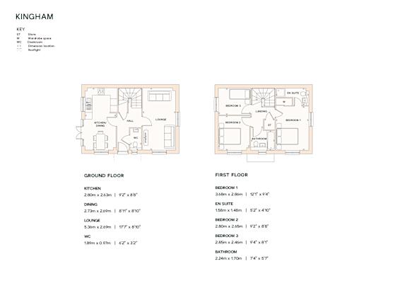 A floor plan for a property named Kingham is displayed, showing the layout of the ground and first floors with labeled rooms and dimensions.