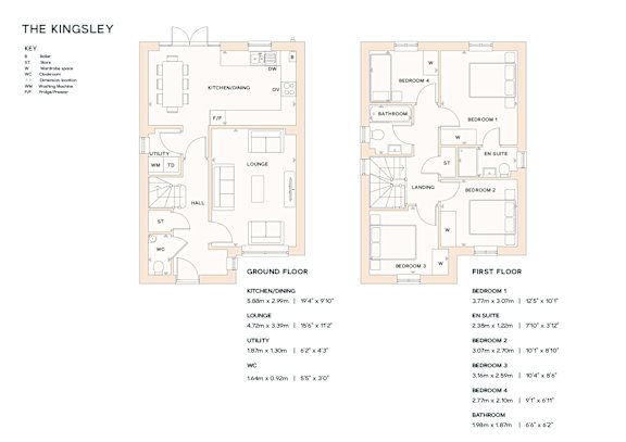 A floor plan for a property named The Kingsley is displayed, showing the layout of the ground and first floors with labeled rooms and dimensions.