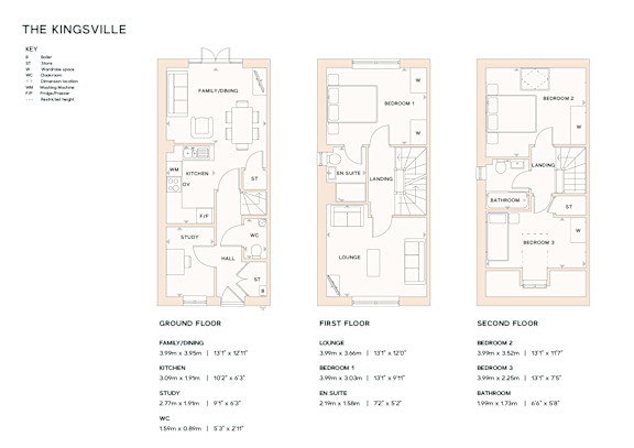 A floor plan for a property named The Kingsville is displayed, showing the layout of the ground, first, and second floors with labeled rooms and dimensions.