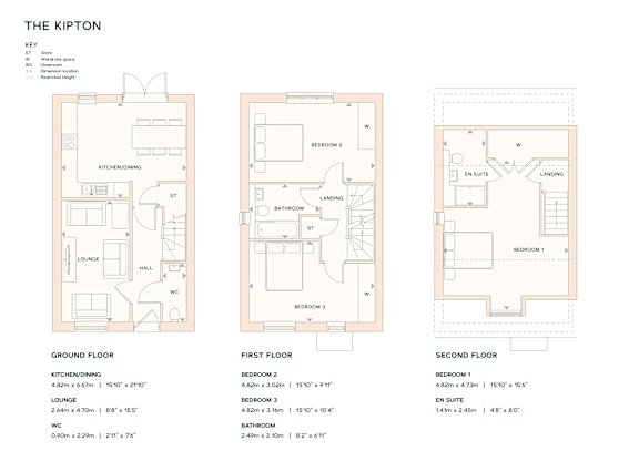 A floor plan for a property named The Kipton, showing the layout of the ground, first, and second floors.