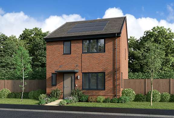 A red brick house with a black roof and a solar panel on the roof.