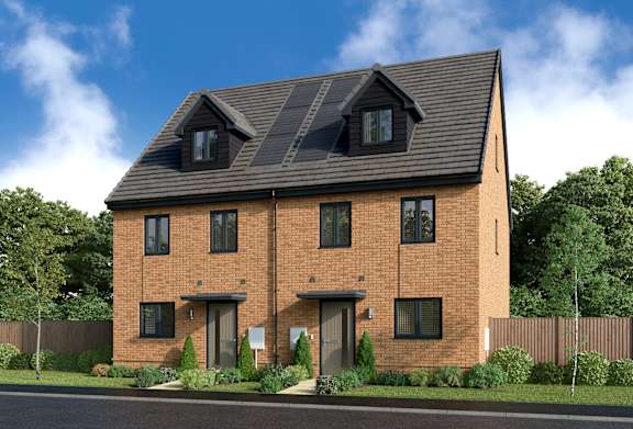 A modern brick house with a black roof and a small front yard.