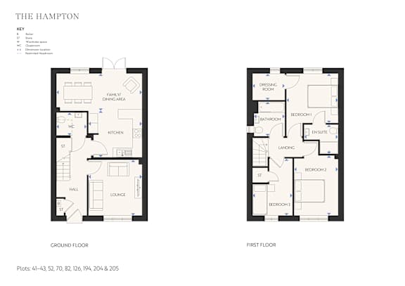 A floor plan for a property called The Hampton is shown with two different views, one of the ground floor and one of the first floor.