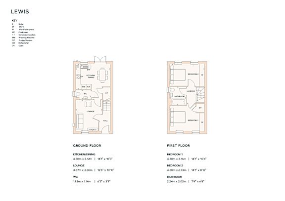 A floor plan for a LEWIS apartment is shown, including the ground floor and first floor layouts.