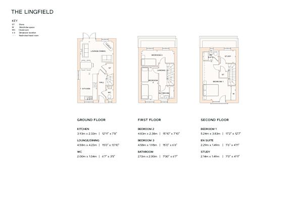 A floor plan for a property named The Lingfield is displayed, showing the layout of the ground, first, and second floors.