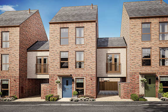 A row of red brick houses with blue doors and windows.