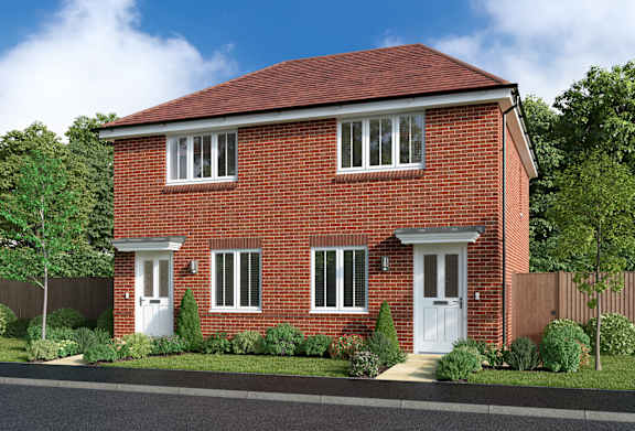 A red brick house with white doors and windows.