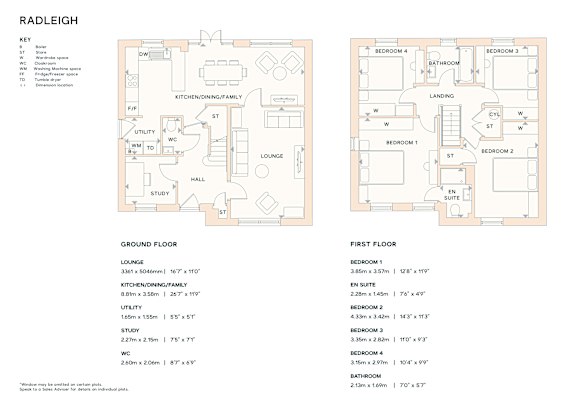 A floor plan of a house named Radleigh with a key showing the symbols used and the dimensions of each room.
