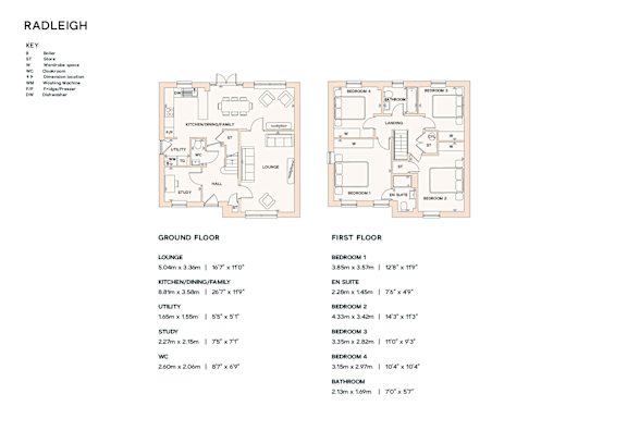 A floor plan for a property named Radleigh, showing the layout of the ground and first floor.