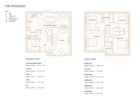 A floor plan for a house named The Radleigh is displayed, showing the layout of the ground and first floors with labeled rooms and dimensions.