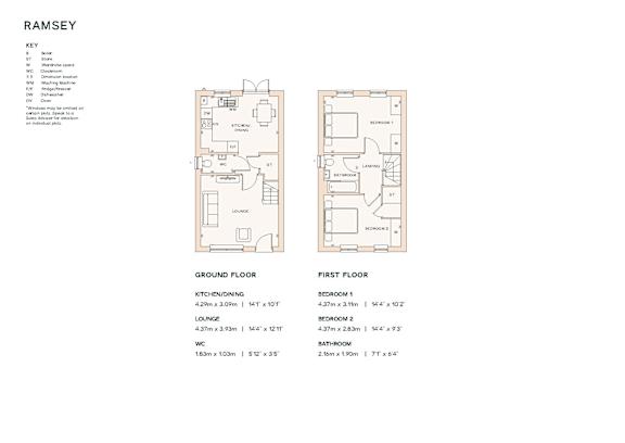 A floor plan for a property named Ramsey is displayed, showing the layout of the ground and first floors with labeled rooms and dimensions.