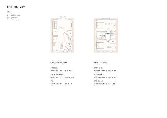 A diagram of a house layout with two floors, a ground floor and a first floor, with labeled rooms and dimensions.