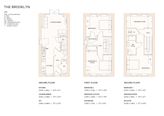 A diagram shows the layout of an apartment in The Brooklyn, including ground floor, first floor, and second floor plans.
