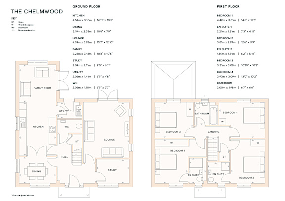 A floor plan of a two-story house named The Chelmwood, with detailed measurements for each room.