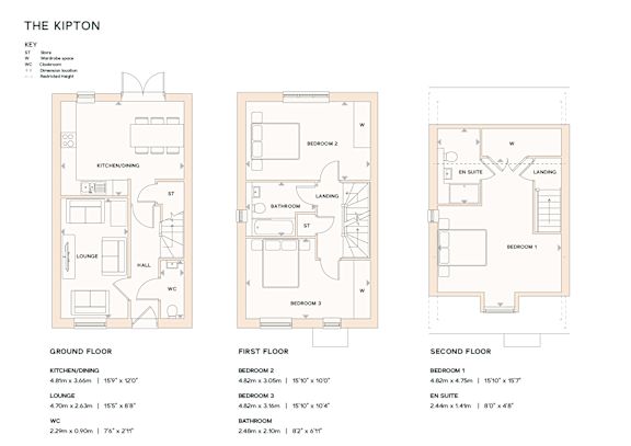 A floor plan for a property named The Kipton is displayed, showing the layout of the ground, first, and second floors with labeled rooms and dimensions.