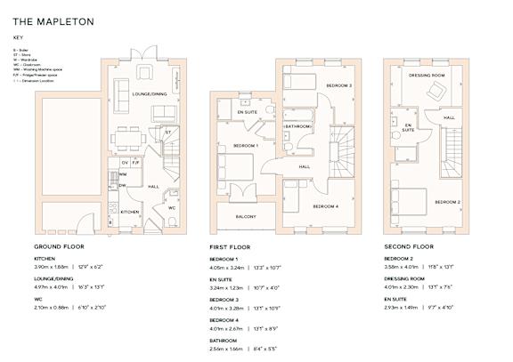 A floor plan of a house named The Mapleton, showing the layout of the ground, first, and second floors.