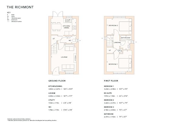 A diagram of a house layout with two floors, a ground floor and a first floor, with labeled rooms and dimensions.