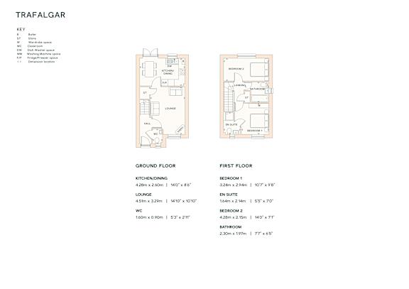 A floor plan for a house with a kitchen, lounge, and two bedrooms.