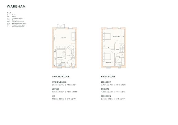 A floor plan for a property named Wareham is displayed, showing the layout of the ground and first floors.