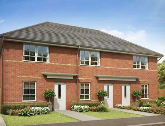 A red brick house with a grey roof and white windows.
