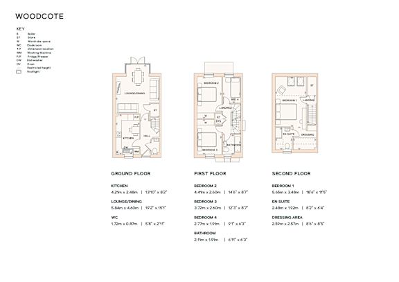 A floor plan for a woodcote property, showing the layout of the ground, first and second floors.