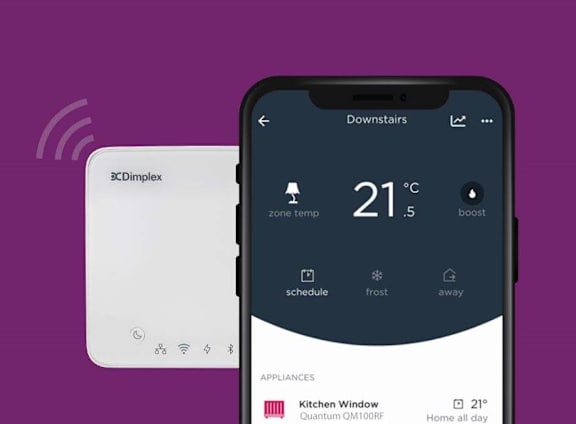 A smartphone displays a temperature of 21 degrees Celsius and shows the status of a ZonDimplex device.