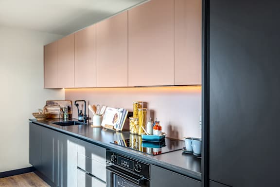 Kitchen with integrated appliances and overhead storage.