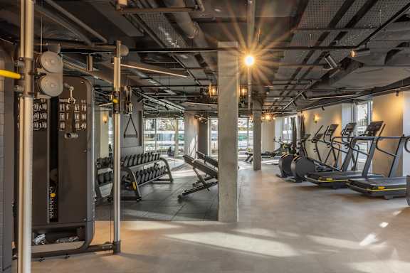 A gym with treadmills, weights, and exercise machines.