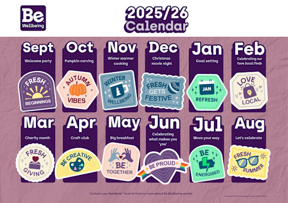A 2025/26 calendar with events for each month.