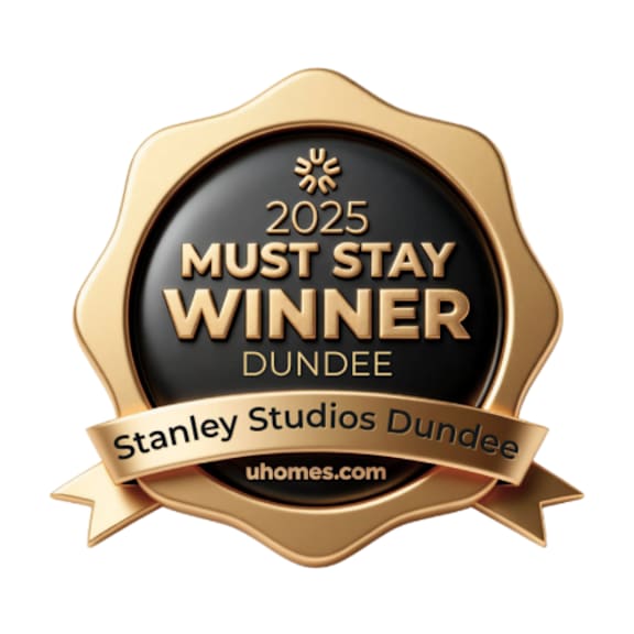 A gold and black award badge for the 2025 Must Stay Winner in Dundee.