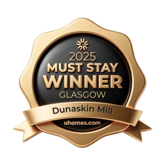 A gold badge with the text "2025 MUST STAY WINNER GLASSGOW Dunaskin Mill" and a website address "uhomes.com".