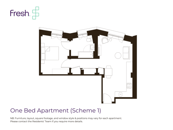 Floor Plan  the floor plan of one bed apartment scheme 1