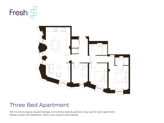 Floor Plan  a floor plan of three bed apartment