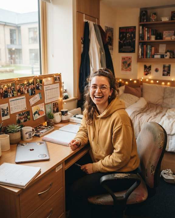 A person in a yellow hoodie is sitting at a desk with a laptop and a notebook.