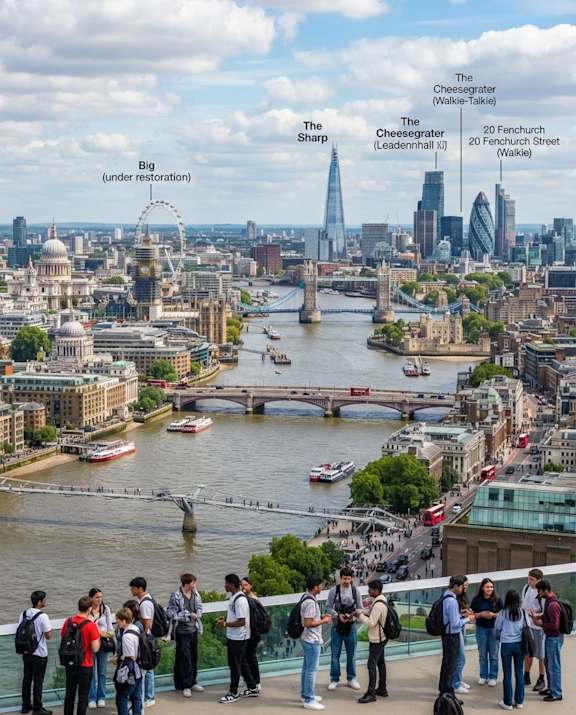 A group of people are standing on a balcony overlooking a river with a bridge and buildings in the background.