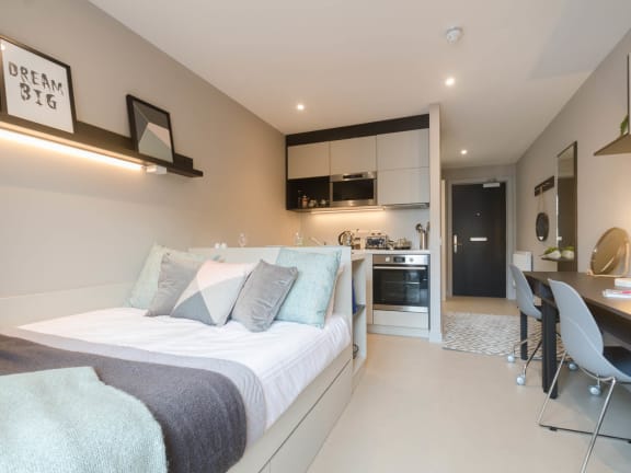 Floor Plan  a bedroom with a bed and a kitchen in a 555 waverly unit